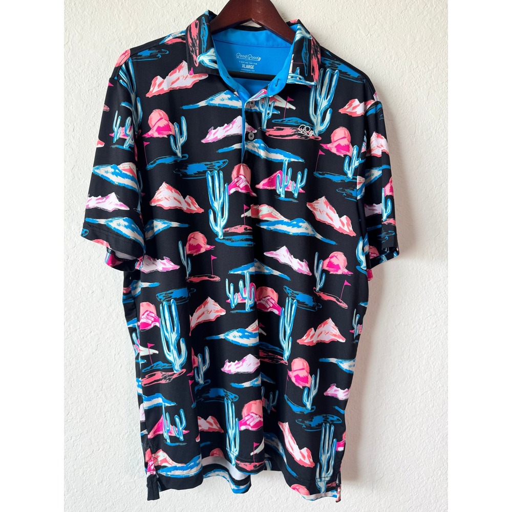 Good Good Golf Mens XL Desert Cactus Performance Polo Shirt Black Sporty